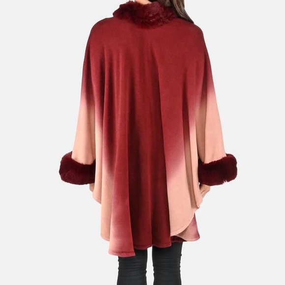 Tamsy Burgundy Ombre Cape with Faux Fur Trim - One Size Fits Most - Picture 2 of 3